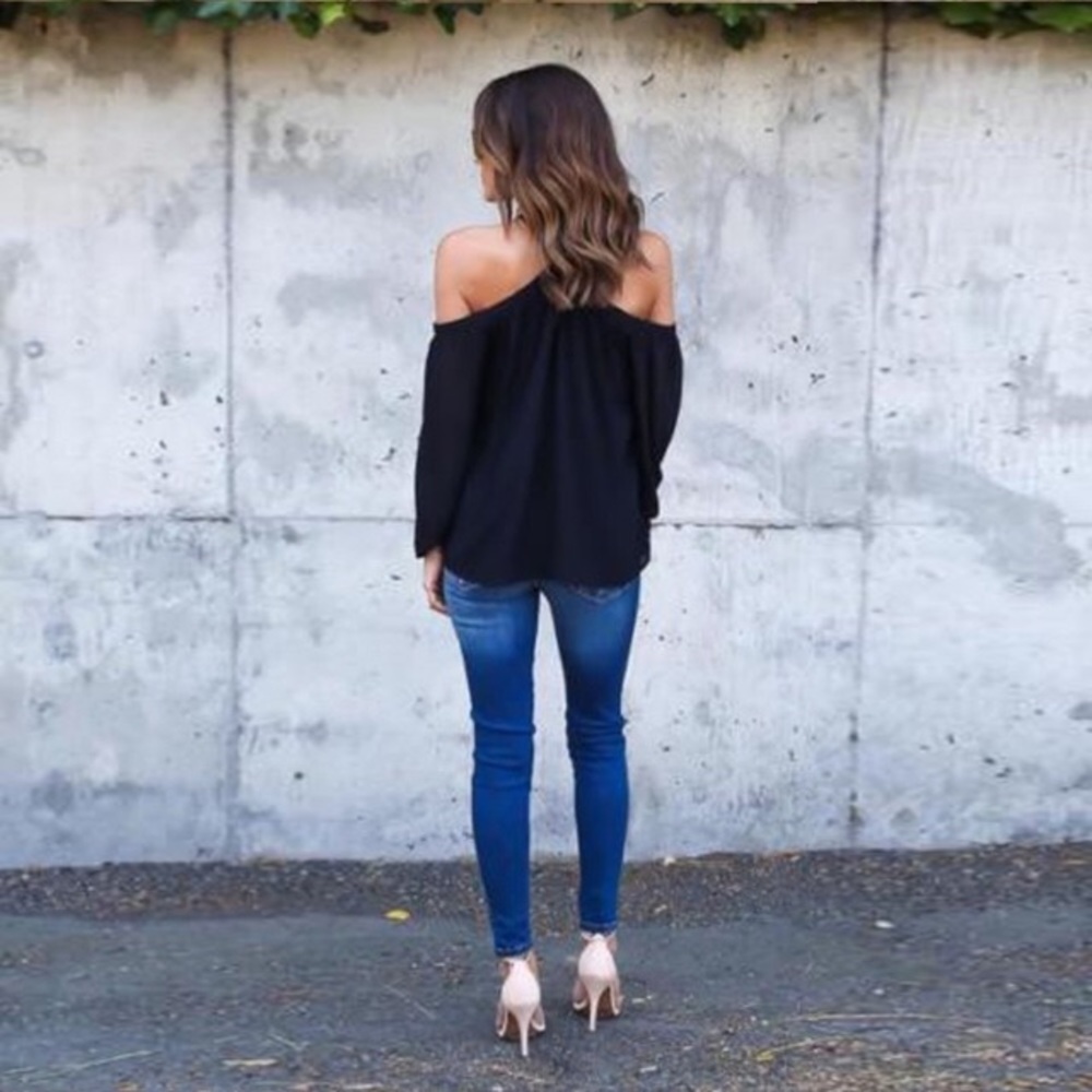 Off Shoulder Halter Long Sleeve Chiffon Blouse - Picture 3 of 6